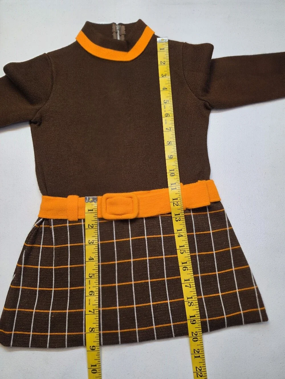 Piccolino 60s 70s Italian MOD Mini Dress Girls 4 Brown Orange Belted Vintage